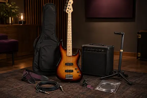 Basse électrique quatre cordes à finition brillante effet soleil avec ampli et accessoires de pratique