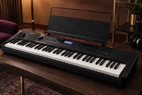 Clavier électronique RockJam compact noir à 61 touches présenté avec son pupitre dans un studio chaleureux