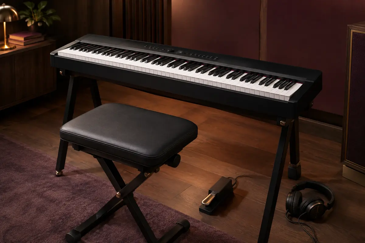 Clavier électronique noir à 61 touches avec support, tabouret rembourré, pédale sustain et casque.