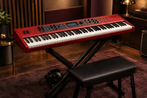 Clavier électronique rouge à 61 touches sur son support, accompagné d’un banc et d’un casque dans un studio chaleureux.