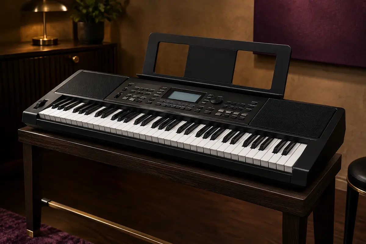 Clavier électronique noir à 54 touches, avec écran LCD et pupitre, posé sur un support sobre.