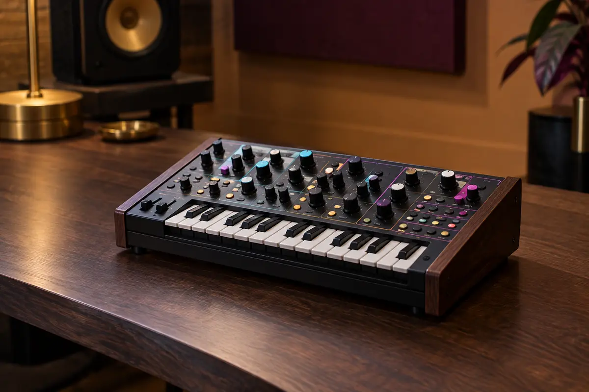 Microsynthétiseur Roland S-1 compact aux commandes multicolores, posé sur un support en bois sombre.