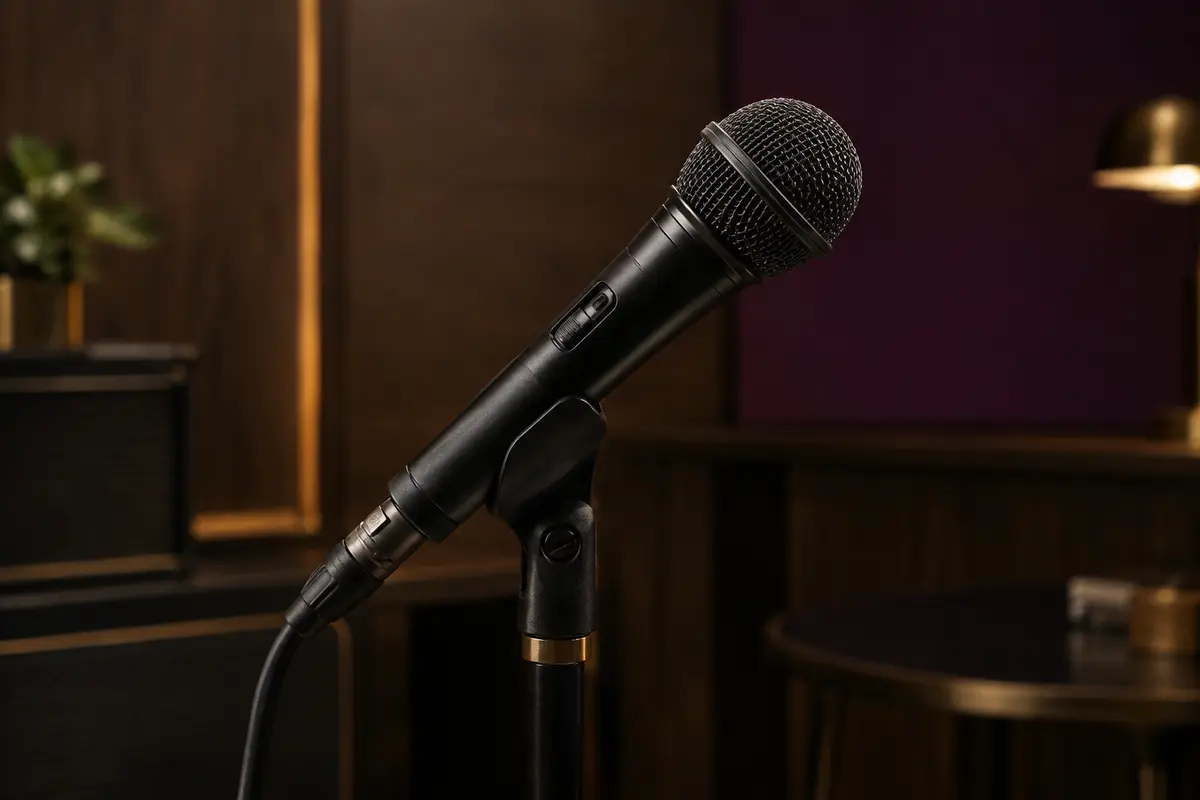 Microphone de scène dynamique noir avec interrupteur, posé sur un support dans un studio chaleureux.