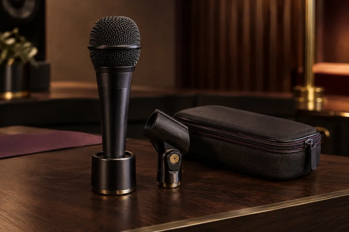 Microphone vocal dynamique noir à grille sphérique, avec adaptateur pivotant et pochette de rangement.
