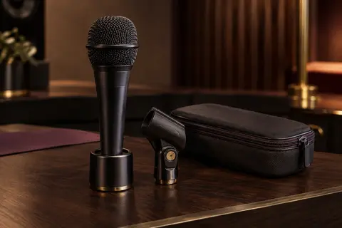 Microphone vocal dynamique noir à grille sphérique, avec adaptateur pivotant et pochette de rangement.