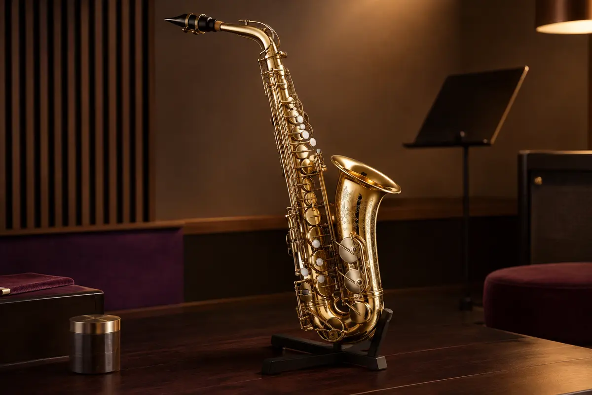 Saxophone alto Sonicake en laiton verni or, posé sur un support dans un studio de répétition sobre.