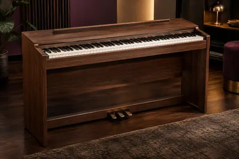 Piano numérique à meuble en finition noyer, touches noires et blanches et support intégré dans un studio chaleureux.
