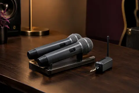 Deux microphones sans fil gris et leur récepteur jack présentés sur un support en bois sombre.