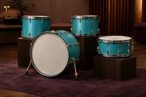 Batterie acoustique compacte à quatre fûts bleu aqua présentée seule dans un studio chaleureux.