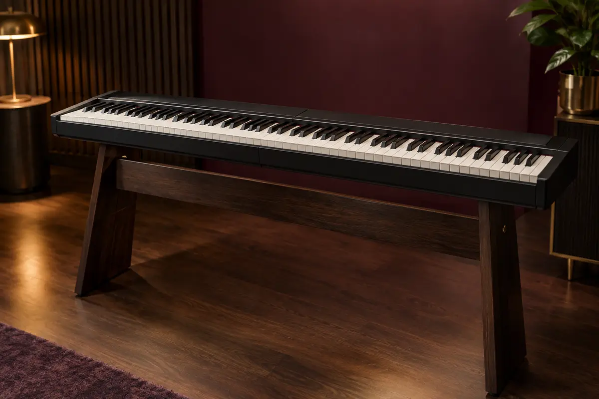 Piano numérique pliable noir Terence à 88 touches, présenté déplié dans un studio aux tons chauds