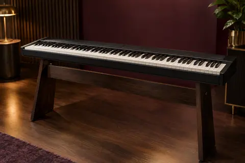 Piano numérique pliable noir Terence à 88 touches, présenté déplié dans un studio aux tons chauds