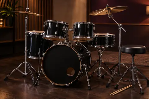 Batterie acoustique junior noire à cinq pièces, avec cymbales, tabouret et baguettes