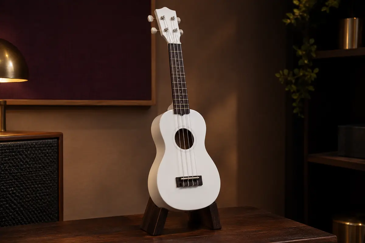 Ukulélé soprano blanc à finition laquée, avec quatre cordes en nylon et mécaniques métalliques