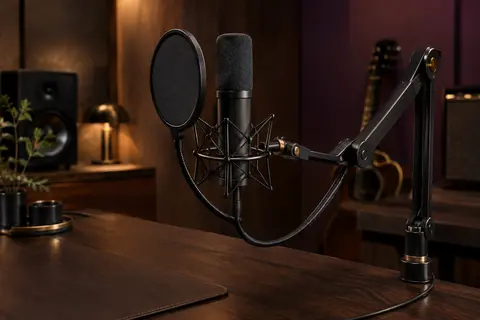 Microphone noir à condensateur avec bras articulé, filtre anti-pop et suspension antichoc dans un studio.