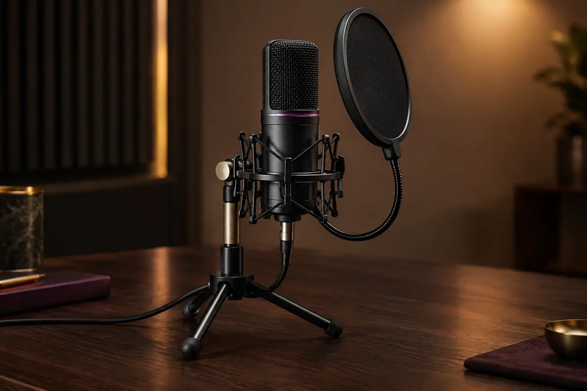 Microphone USB noir sur trépied pliable, accompagné de son support antichoc et de son filtre anti-pop