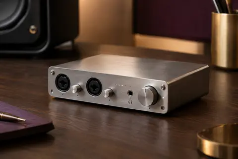 Interface audio USB compacte au boîtier métallique clair, posée sur un support en bois sombre dans un studio.
