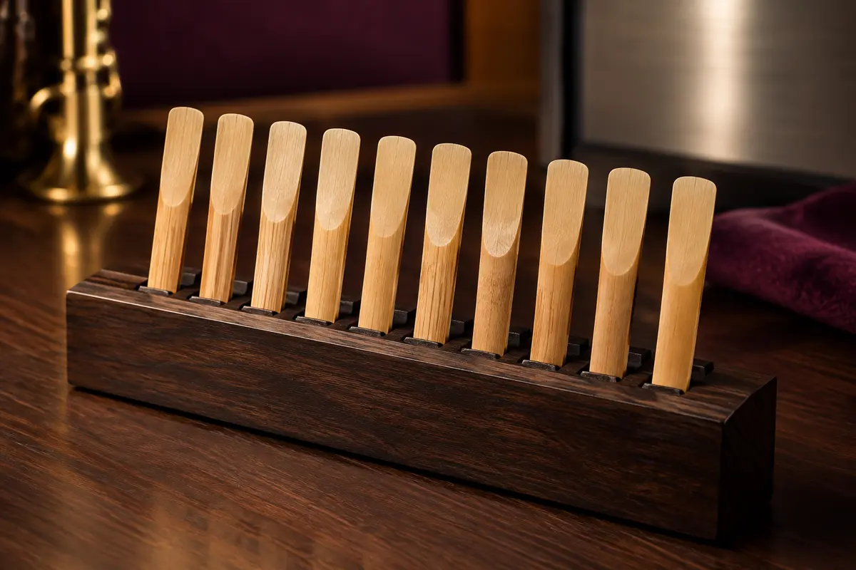 Lot de dix anches en bois pour saxophone soprano, présentées alignées sur un support sombre.