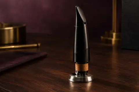 Bec noir en ébonite pour clarinette basse posé sur un support métallique, sur un fond de bois sombre.