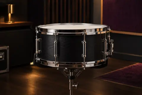 Caisse claire acoustique noire de 14 pouces avec cerclages métalliques, présentée sur un support en studio