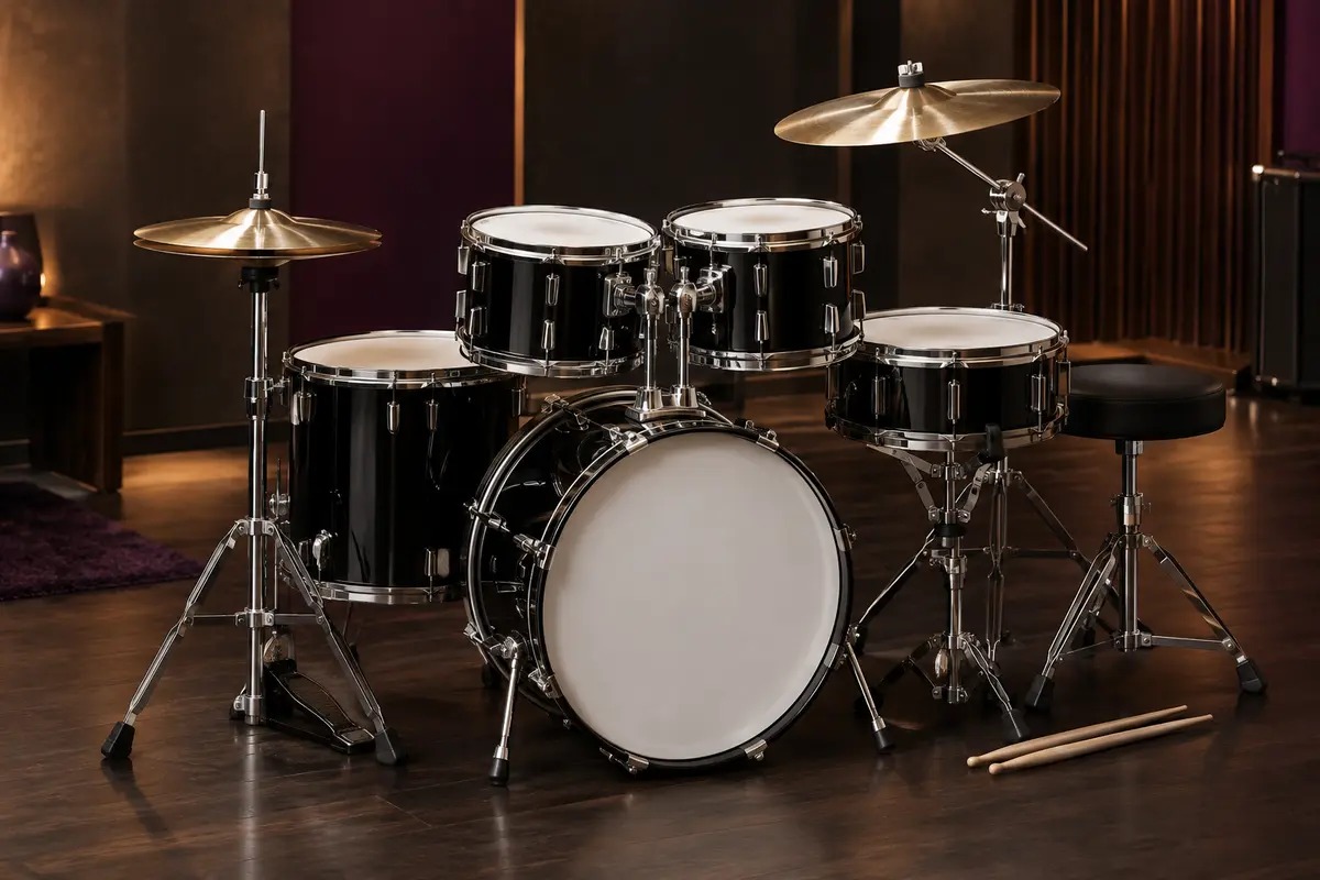 Batterie acoustique cinq pièces noire et blanche avec siège réglable, baguettes et cymbales