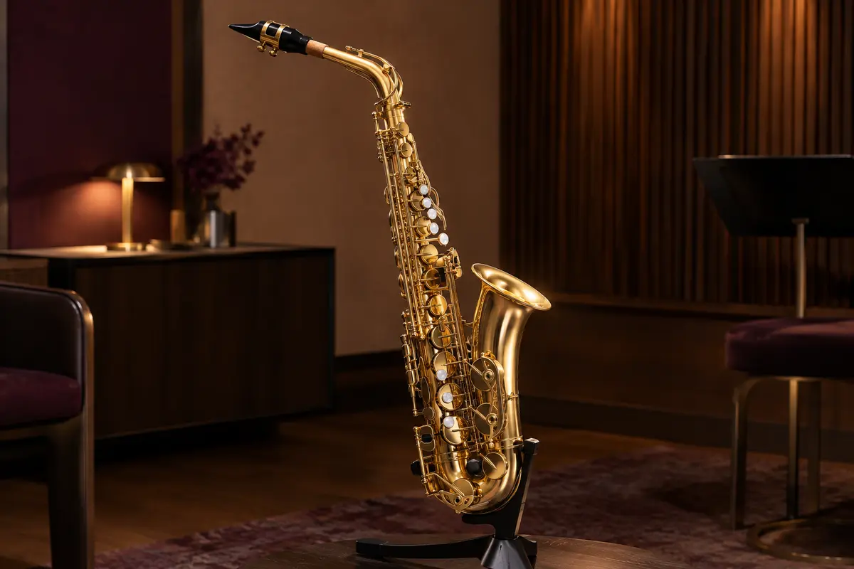 Saxophone alto doré en laiton, avec touches polies et détails nacrés, présenté sur un support dans un studio