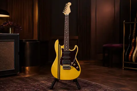 Guitare électrique WestCreek Racer à finition brillante Bumble-B et bandes de course
