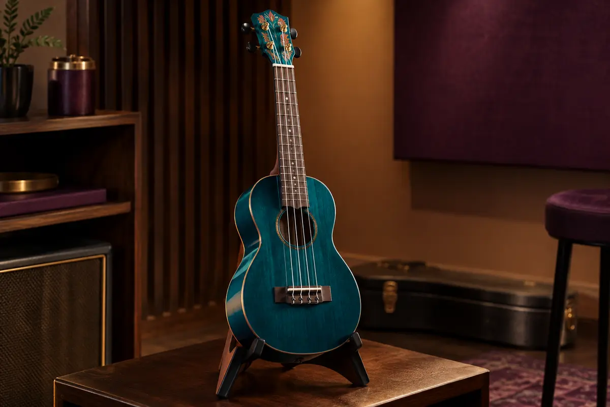 Ukulélé en bois cyan foncé à quatre cordes, avec une tête ornée d’un motif artisanal, posé sur un support.