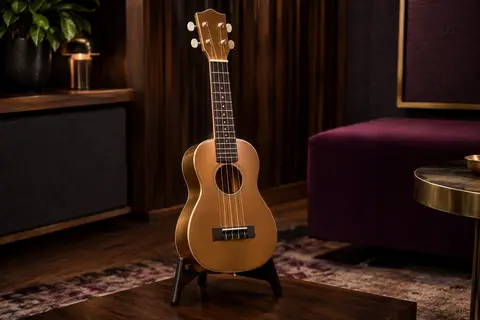 Ukulélé soprano Winzz à finition bronze polie, présenté seul dans un décor chaleureux en bois sombre.