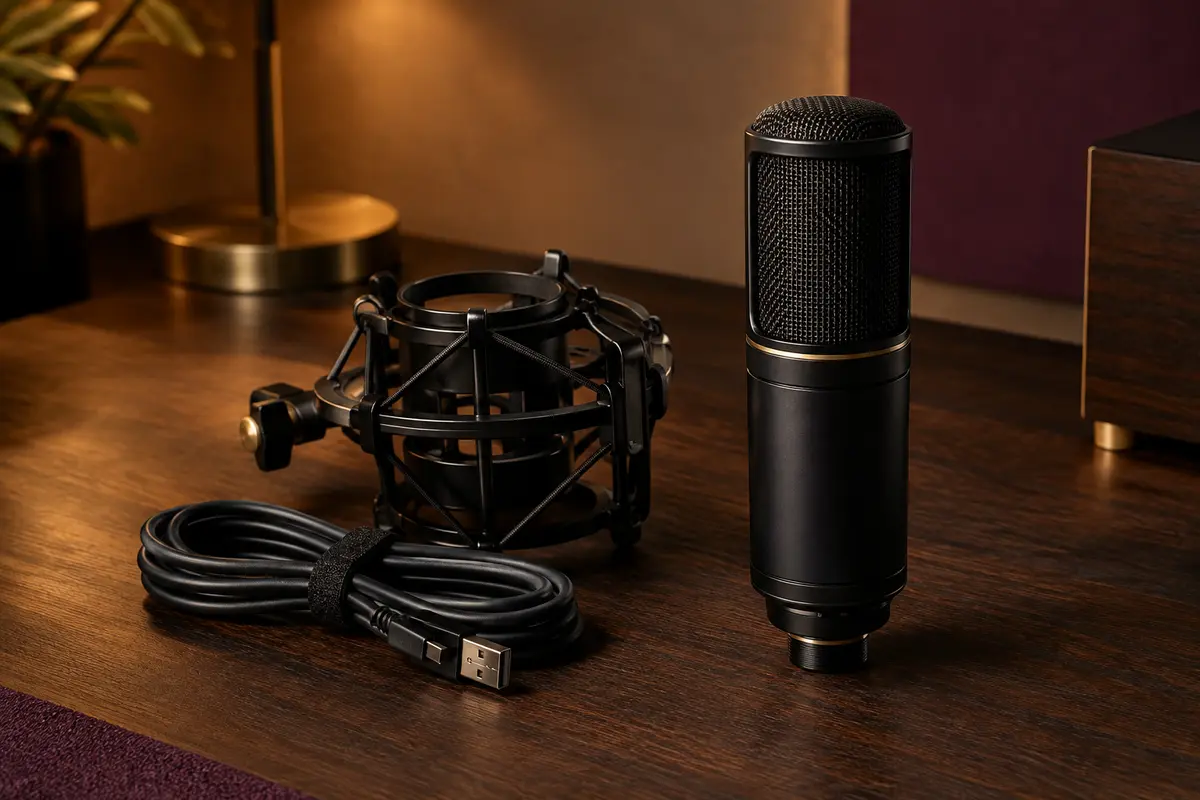 Microphone USB noir à condensateur présenté avec sa suspension et son câble sur une surface en bois sombre