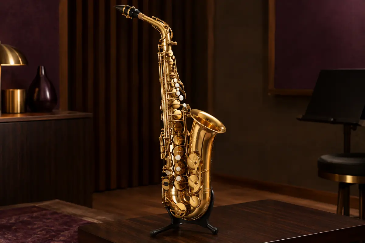 Saxophone alto laqué doré sur un support, avec sa tubulure en U et ses touches nacrées
