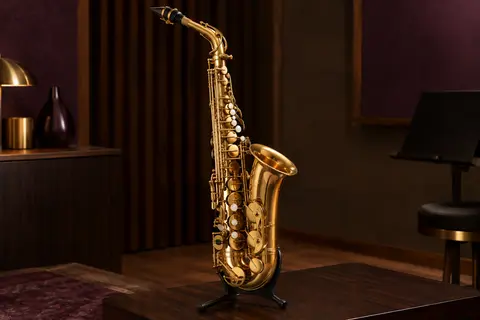 Saxophone alto laqué doré sur un support, avec sa tubulure en U et ses touches nacrées