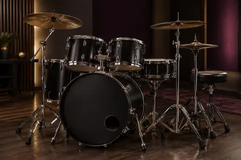 Batterie acoustique noire avec fûts en peuplier, supports métalliques et siège réglable dans un studio sobre