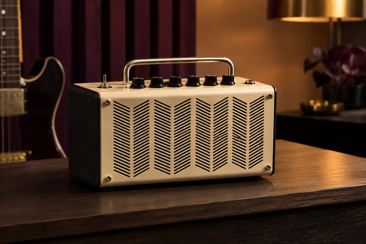 Amplificateur guitare Yamaha THR5H au boîtier métallique crème, posé sur un support en bois sombre.