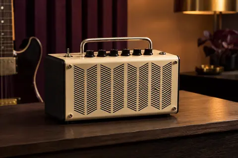 Amplificateur guitare Yamaha THR5H au boîtier métallique crème, posé sur un support en bois sombre.