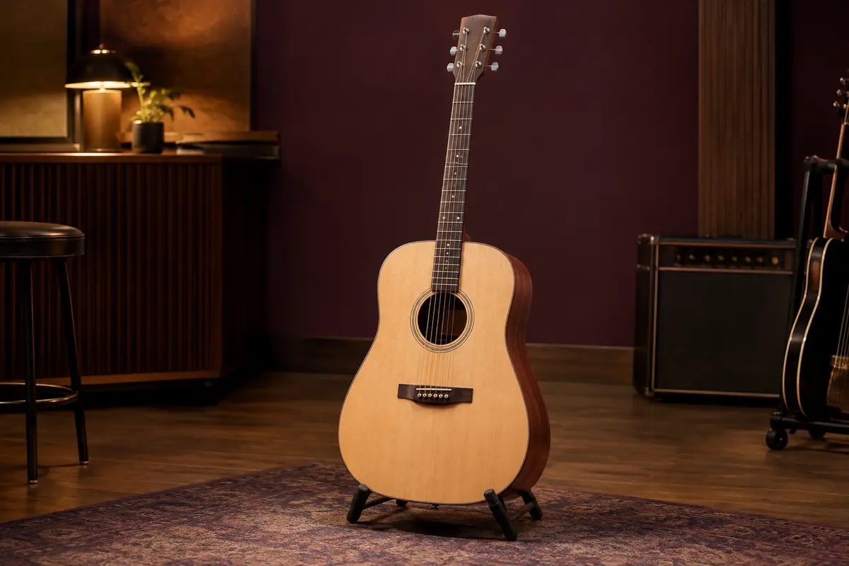 Guitare folk Yamaha F310 à table en épicéa, posée sur un support dans un studio chaleureux.