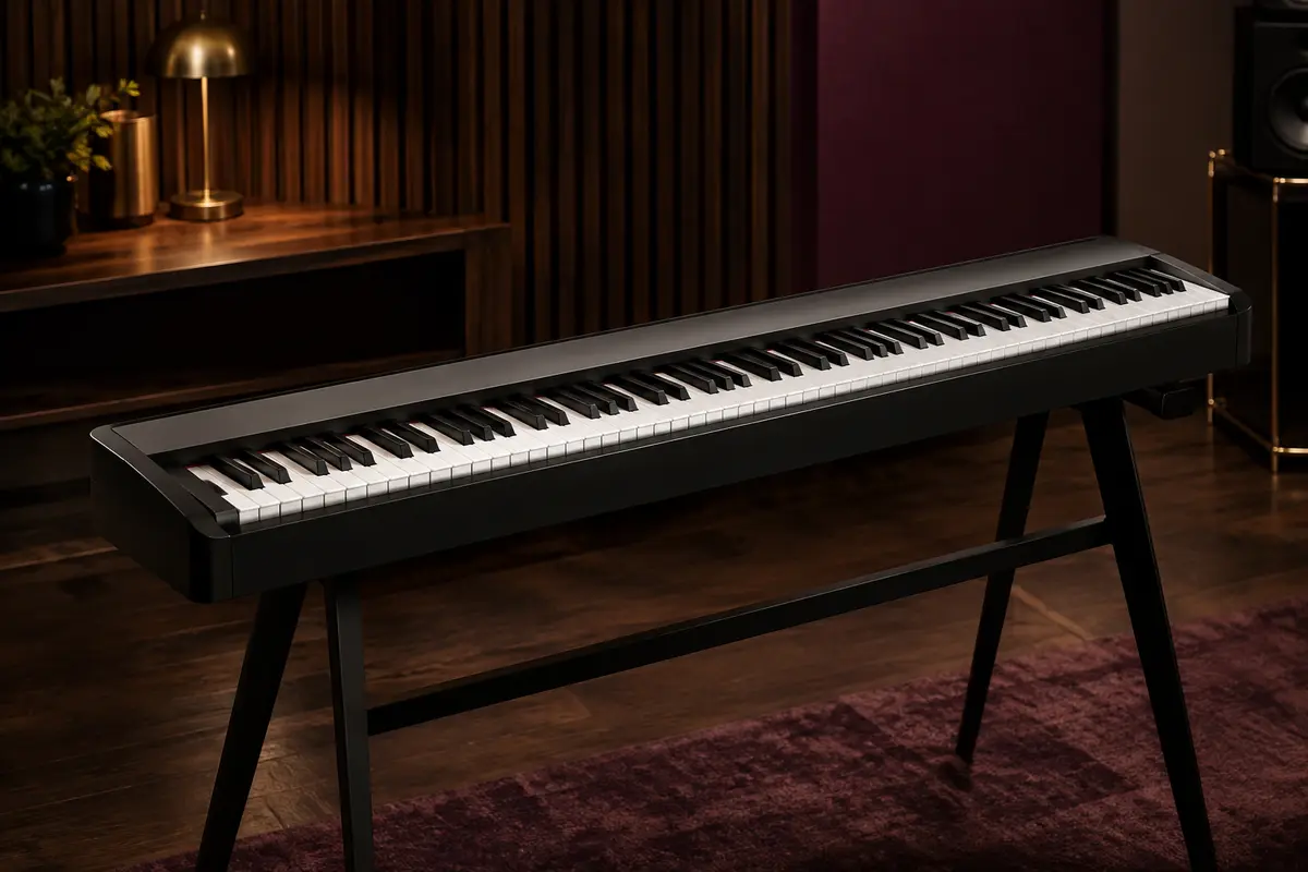 Piano numérique compact noir à 88 touches présenté sur un support dans un studio chaleureux.