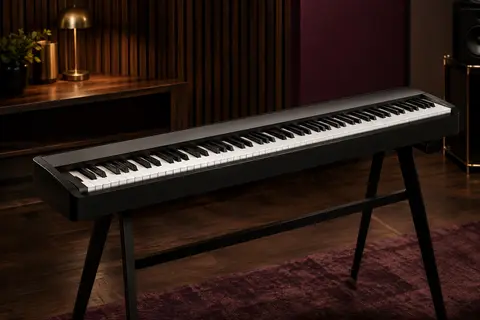 Piano numérique compact noir à 88 touches présenté sur un support dans un studio chaleureux.