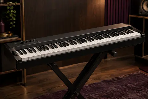 Clavier numérique compact noir à 61 touches posé sur un support dans un studio chaleureux