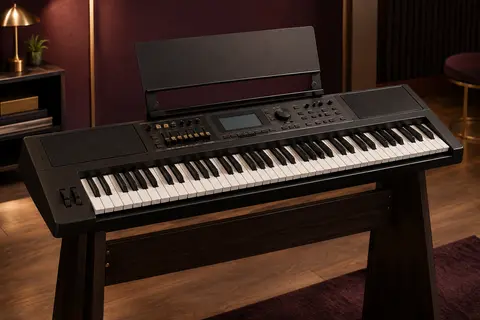 Clavier arrangeur portable noir à 61 touches avec pupitre, posé sur un support en bois sombre.