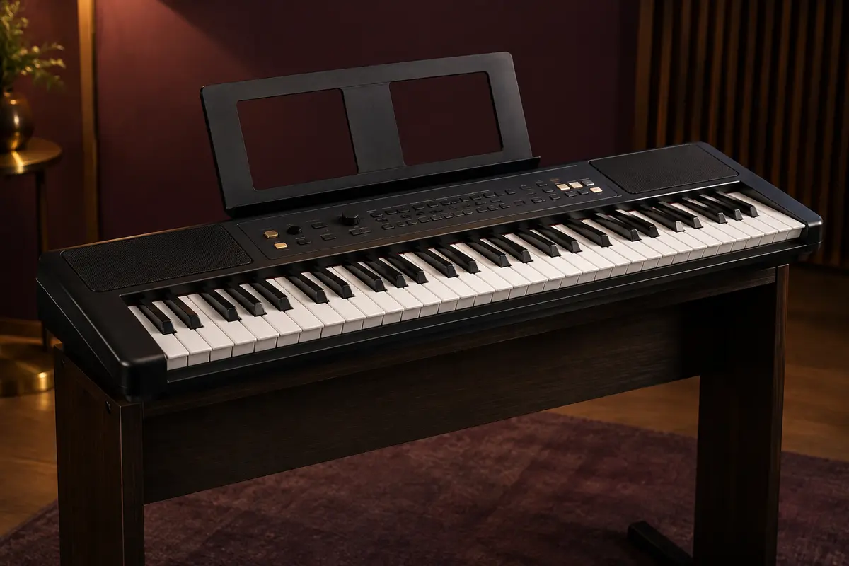 Clavier arrangeur noir Yamaha PSR-F52 à 61 touches avec son pupitre, posé sur un support en bois sombre.