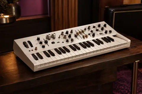 Synthétiseur compact blanc à 37 touches miniatures posé sur un support en bois sombre.