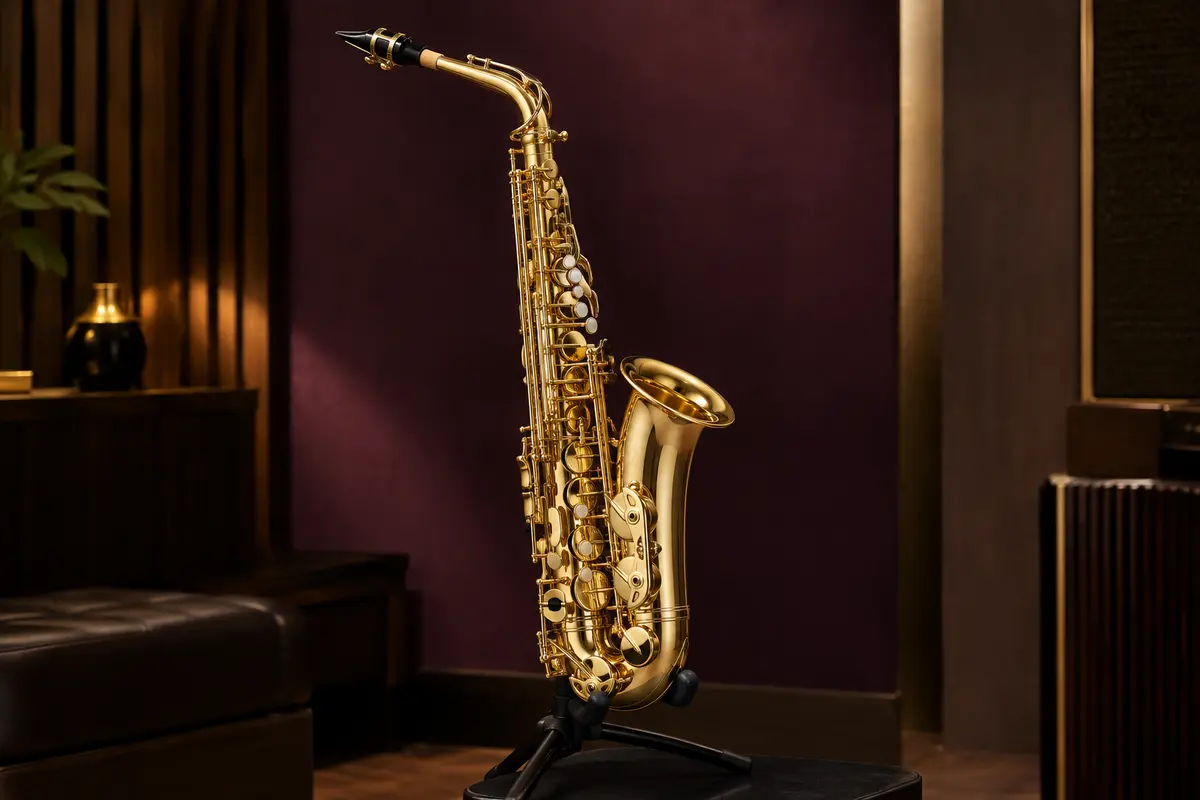 Saxophone alto Yamaha laqué doré présenté seul sur un support dans un studio de répétition soigné.