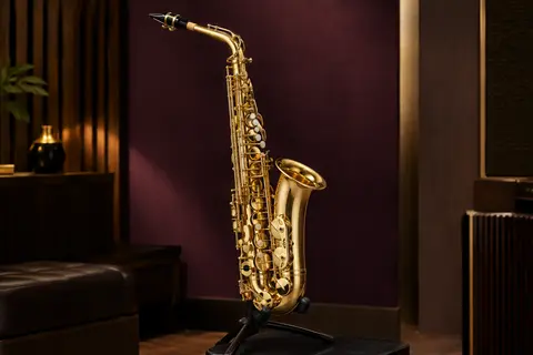 Saxophone alto Yamaha laqué doré présenté seul sur un support dans un studio de répétition soigné.