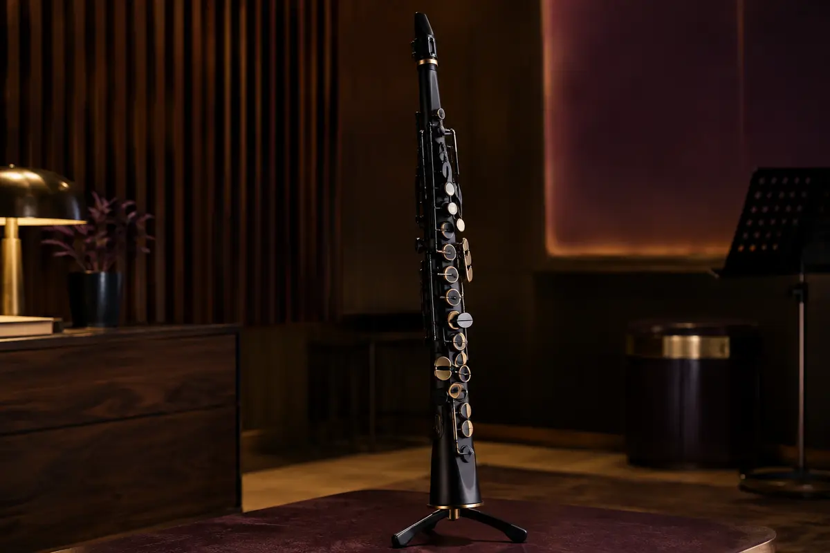 Saxophone numérique noir Yamaha YDS-120 présenté seul sur un support dans un studio chaleureux