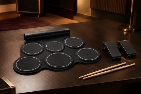 Batterie électronique enroulable noire avec sept pads, deux pédales et deux baguettes sur un support sombre