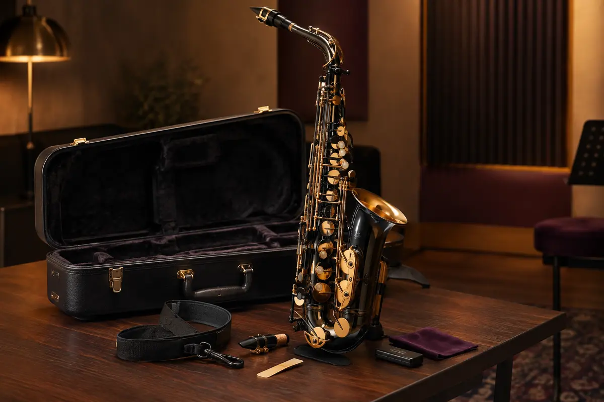 Saxophone alto noir et doré posé près de son étui rigide et de ses accessoires de pratique