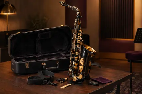 Saxophone alto noir et doré posé près de son étui rigide et de ses accessoires de pratique
