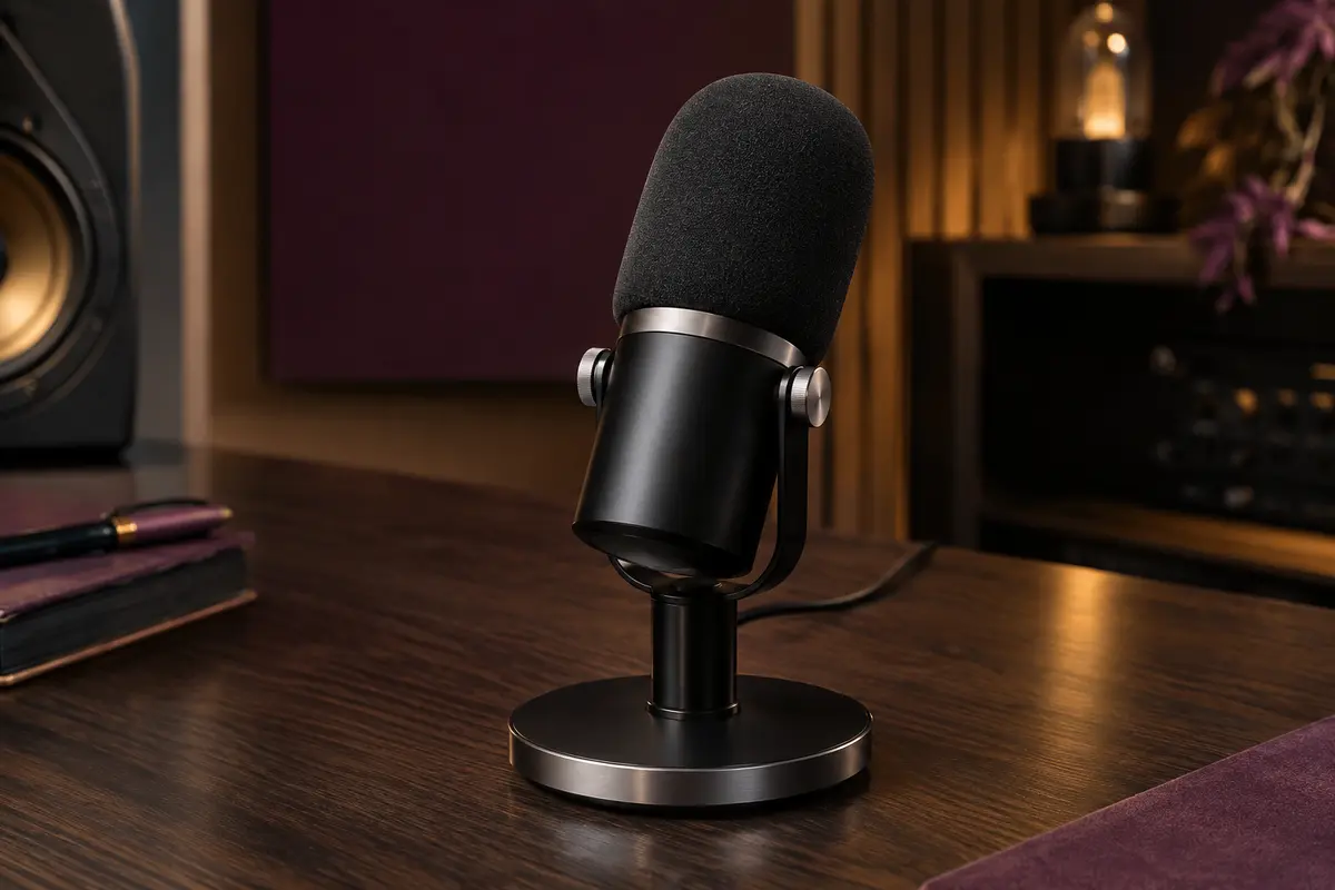 Microphone USB Zealsound noir avec base métallique rotative et bonnette en mousse sur un bureau sombre