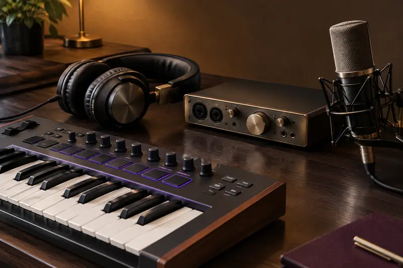 Contrôleur MIDI, casque et matériel audio présentés sur un bureau de studio soigné.
