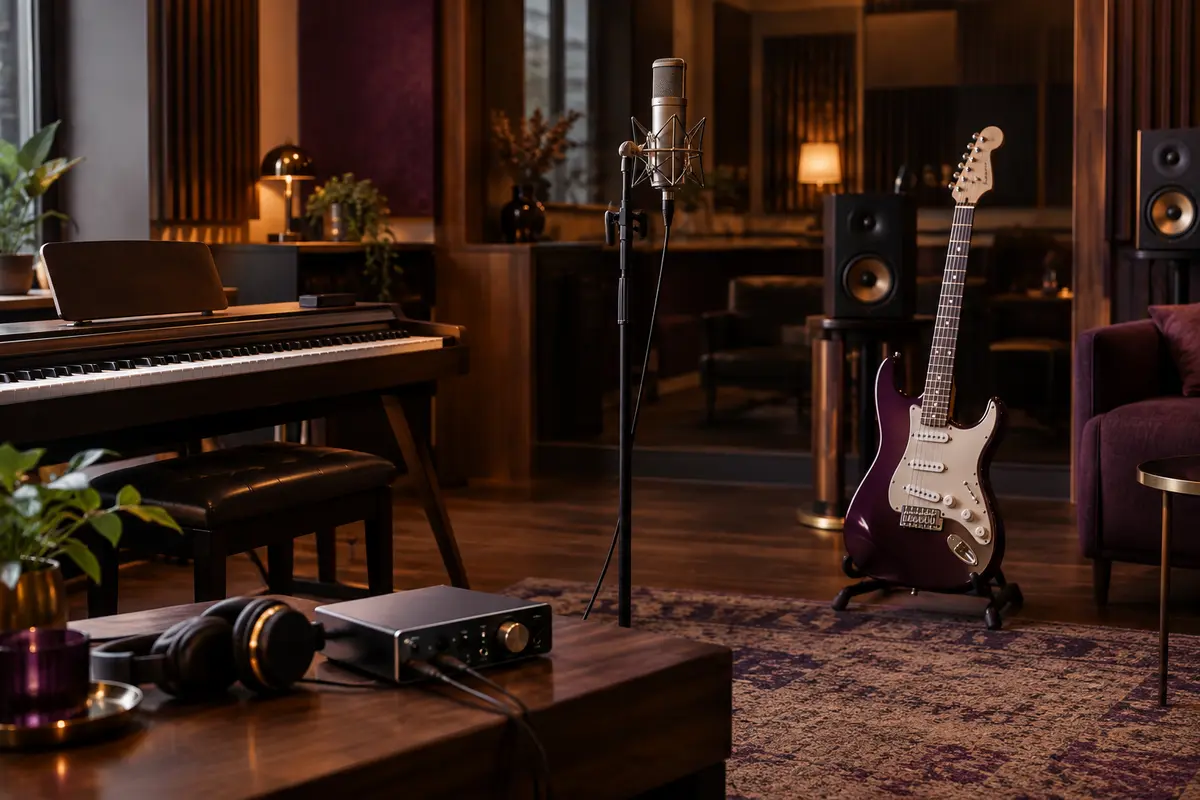 Clavier, guitare et matériel audio réunis dans un espace de pratique aux tons chauds.